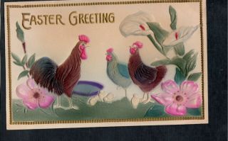 C13 Postcard Easter Heavily Embossed Airbrushed Chickens In Floral Field