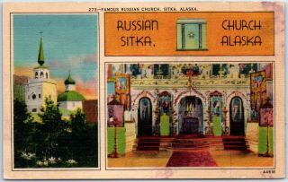 Sitka,  Alaska Postcard " Russian Church " Spires & Interior C.  P.  Johnston Linen