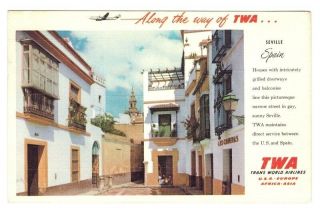 1956 Along The Way Of Twa Linen Postcard Seville Spain Reverse In Spanish