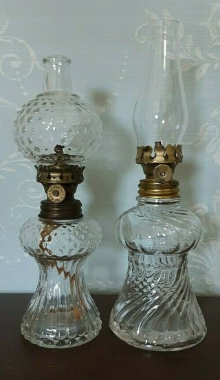 Vintage Set Of 2 Clear Glass Mini Kerosene Oil Lamps.
