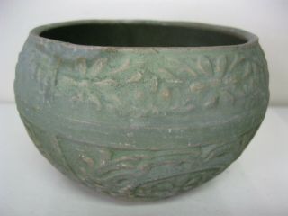 Antique Stoneware Small Pot Planter Green Matte Exterior Embossed Flowers 3 5/8