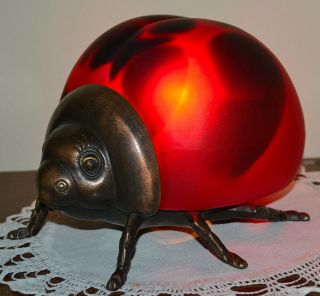 Minty 1998 Andrea Sadek Tin Chi Signed Bronze Art Glass Ladybug Figural Tv Lamp