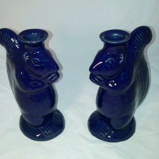 Navy Blue Glazed Pottery Squirrel Candle Holders Set Of 2.  7 3/4 " Tall