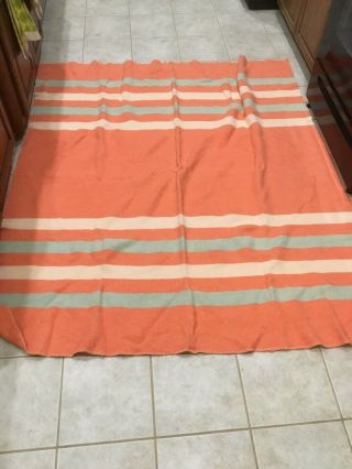 Vintage Barren Woolen Mills 1950 Wool Blanket Peach With Stripes Double Bed Size