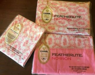 Vintage Nip Cannon Pink Roses Full Sheet Set Flat Fitted,  2 Pillowcase