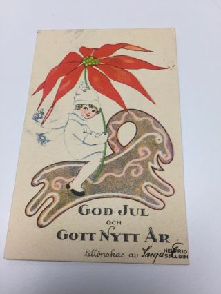 Vintage Swedish Mini Postcard Yule Goat Girl Poinsettia Christmas God Jul