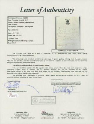 Queen Victoria Hand Written Letter 1861 (4.  5 " X 7.  25 ") Jsa Certified Nm