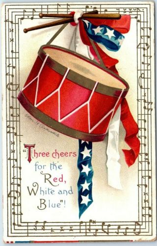Artist - Signed Ellen Clapsaddle Postcard " 3 Cheers For The Red White & Blue " 1913