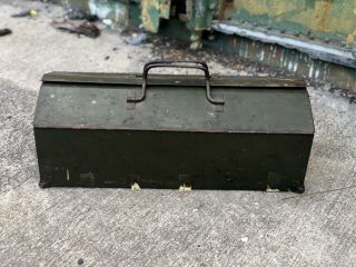 Vintage Industrial Green Metal Tool Box Fold Over Lid,  Removable Tray Heavy Duty