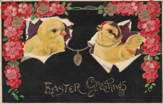 Postcard Easter Greetings Two Baby Chicks Pink Flowers C1912 Made In Germany