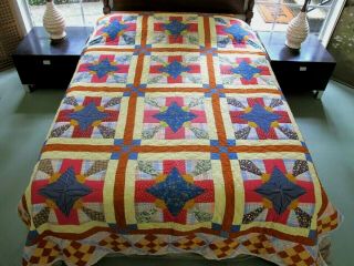 Striking Vintage All Cotton Hand Pieced & Quilted Time & Tide Quilt; 95 " X 81 "