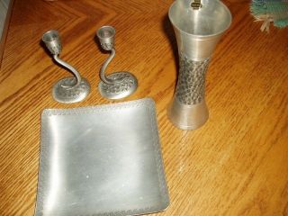 Collectible Perletinn Pewter Candle Holders,  Tray & Vase Norway