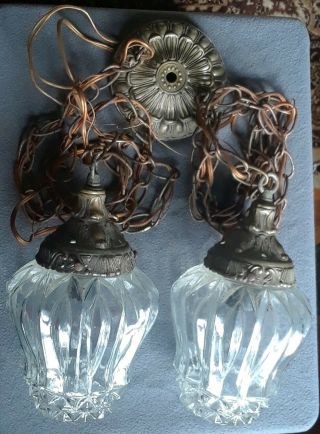 Vtg Double Hanging Swag Pendant Glass Light Fixture Mcm Hollywood Recency