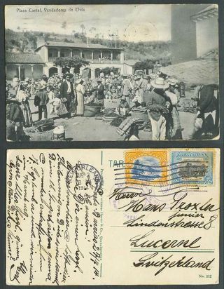 Guatemala 5c 10c 1914 Old Postcard Plaza Cantel Vendedores Chile Chilean Vendors