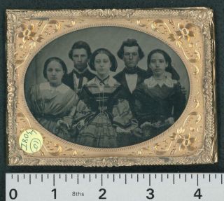 Ambrotype Quarter Plate - Group Of 3 Women & 2 Men - 3.  125 " X 4.  25 " Image