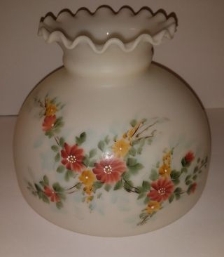 Vintage Hand Painted Floral Glass Oil Lamp Shade Ruffled Charming 9 3/4 Fitter