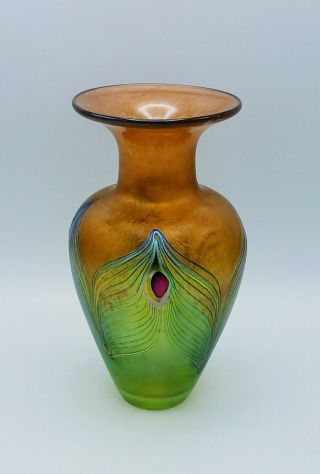 Rare Robert Held Orange Iridescent Studio Art Glass Heart Vase 8 " Signed Sticker