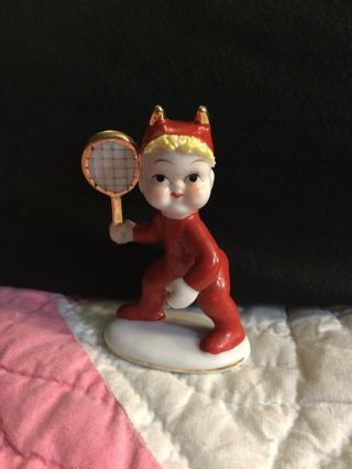 Lefton Vintage Devil Boy In Red Gold Horns Holding Tennis Racket