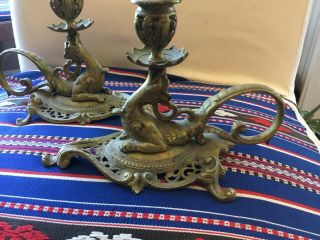 Antique Victorian Ornate Brass Candle Holders Dragon Motif