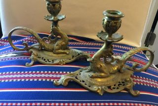 Antique Victorian Ornate Brass Candle Holders Dragon Motif 2