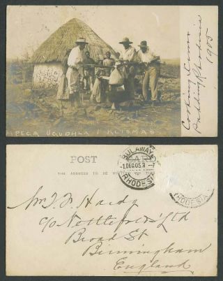 Rhodesia 1905 Old Real Photo Postcard Cooking Christmas Pudding Native House Hut