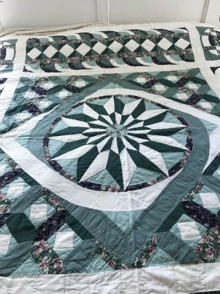 Greens VINTAGE HAND CRAFTED HAND QUILTED MARINERS COMPASS QUILT 82” Square 2
