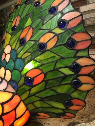 Tiffany Style PEACOCK Lamp Stained Glass Design with Cobalt Blue Accents 12 