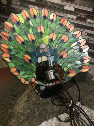 Tiffany Style PEACOCK Lamp Stained Glass Design with Cobalt Blue Accents 12 