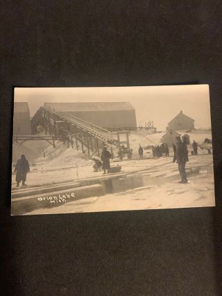 Vintage Rppc Postcard Orion Lake Michigan Ice Fishing Industrial Occupational Mi