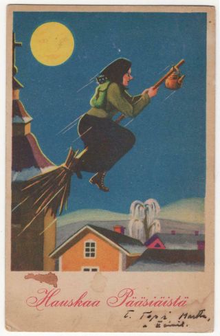 Vintage Easter Witch Postcard From Finland 1939 On A Broomstick 62419