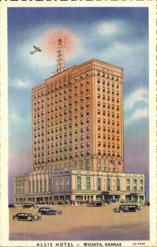 Allis Hotel Wichita Kansas Ks Vintage 1930s Postcard Airplane