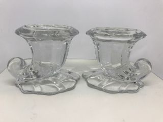Pair Vintage Glass Cornucopia Taper Candle Holders Thanksgiving Horn Of Plenty