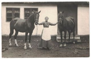 Antique 1910 Rppc Real Photo Lady Poses With Her Two Horses