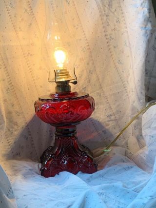 Vintage Ruby Red Glass Electric Kerosene Oil Hurricane Table Lamp Ornate Designs