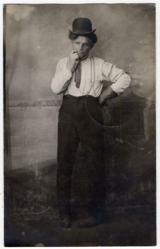 Rppc Postcard Man In Bowler Hat & Suspenders St John Wa 1910 In Swedish 62519