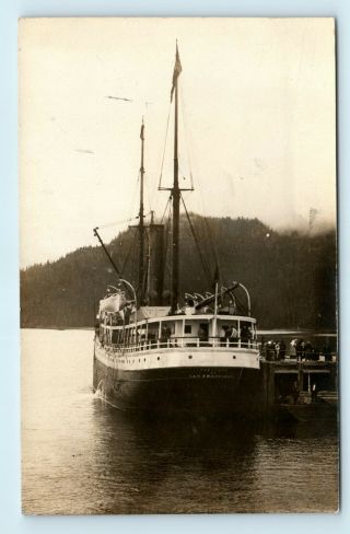 Rare 1910 Candid View Of Ss Portland Stern At Dock - Alaska Bound Steamship Rppc