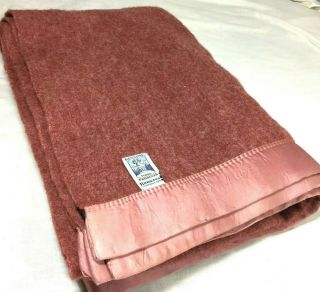 Vintage Kenwood Wool Blanket Satin Trim Light Red Color Mid Century 64 X 85