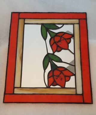 Vintage Tiffany Style Stained Glass Mirror Small Floral Orange Green
