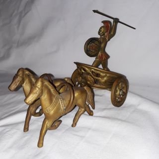 Vtg Greece Horse Chariot Brass/ Bronze Roman Soldier Gladiator Figure Spear