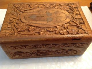 Vintage 70s Carved Wood Trinket Box Hinged Tarot Cards Treasures Jewelry Stash