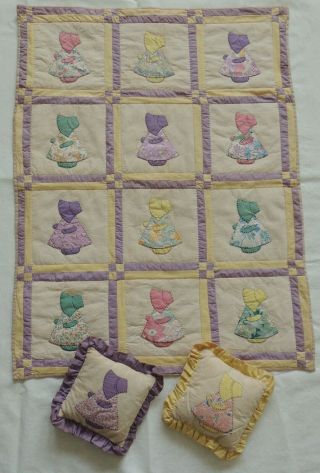 Vintage Sunbonnet Sue Doll Quilt Hand - Stitched 24 " By 32 " W/ Two Pillows