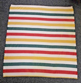 Vintage Wool Blanket Red Green Yellow Cream Stripes 66 " X 60 "