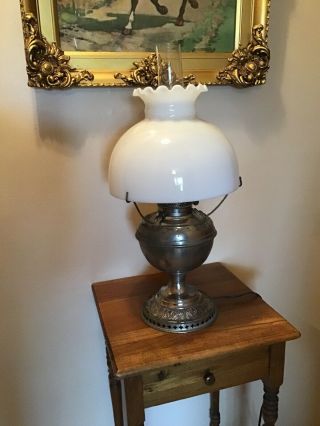 21” Nickel Plated Antique B & H Oil Converted To Electric Table Lamp