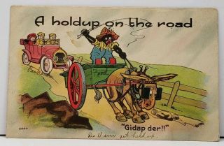 " A Holdup On The Road " Gidap Der Car Vs Donkey Cart Postcard D2