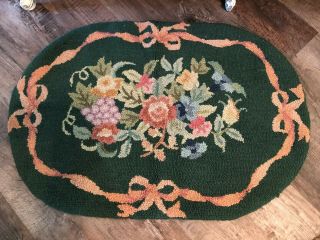 Vintage Hand Hooked Roses Ribbon Floral Wool 24x36 Rug Cottage Farmhouse