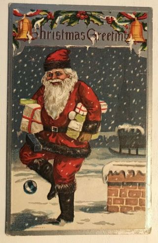 Happy Santa Claus On Roof With Toys Bells Snow Antique Christmas Postcard - C527