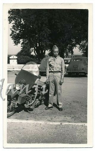 Soldier Standing By A Motorcycle With Usa Cars In Back Old Military Photo