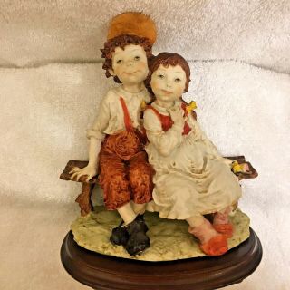 Capodimonte Boy & Girl Together On A Bench - Wood Base Vintage Unmarked 2