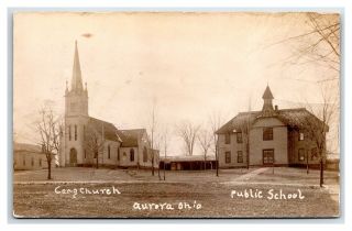 Ohio Aurora Real Photo Public School Congregational Church Azo Back Circa 1910