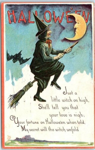 Vintage Halloween Postcard Witch In Black On Flying Broom / Moon Face Nash H - 46